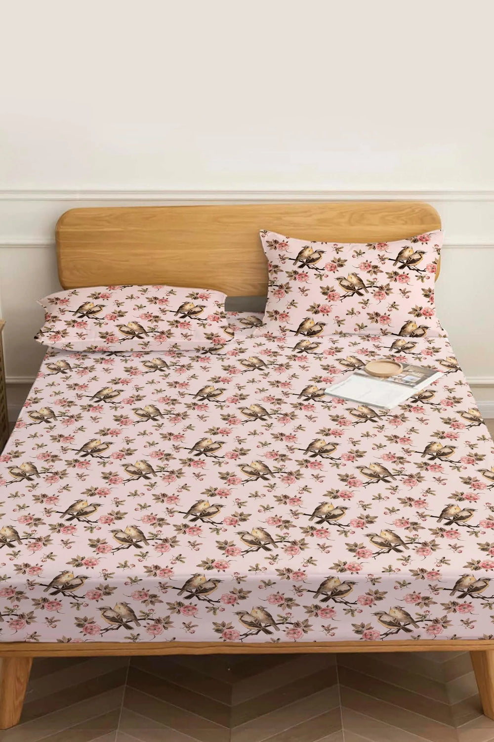 Powder Pink Bird Pattern Double Bed Sheet Cotton