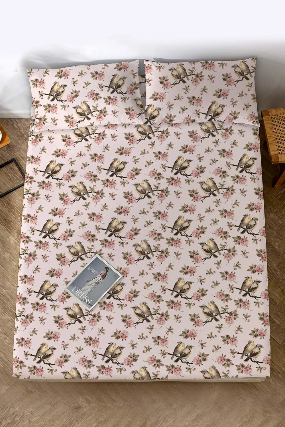Powder Pink Bird Pattern Double Bed Sheet Cotton
