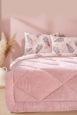 Powder Pink Leaf Loura Double-Sided Luxury Wellsoft Duvet Set for Double Bed 195x215 cm