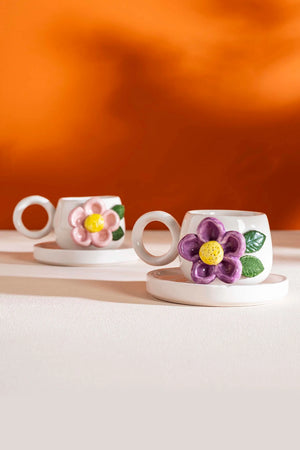 Colorful Daisy Amore Handmade Ceramic Double Turkish Coffee Cup Set