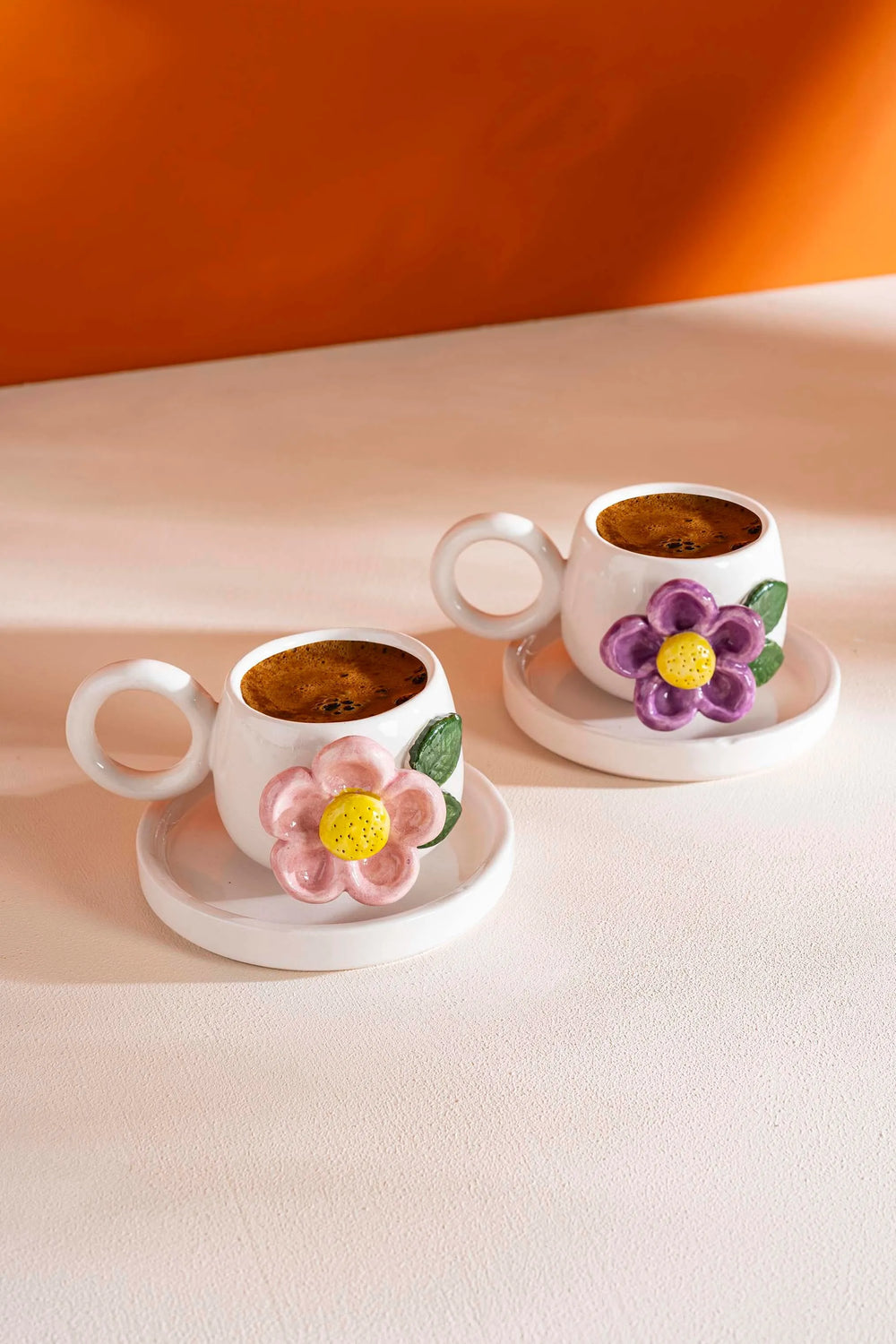 Colorful Daisy Amore Handmade Ceramic Double Turkish Coffee Cup Set