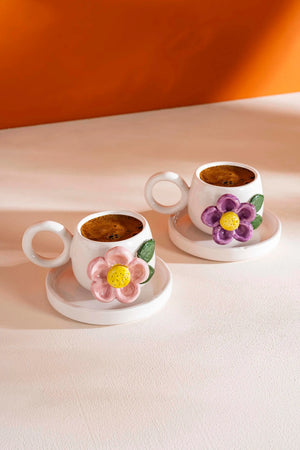 Colorful Daisy Amore Handmade Ceramic Double Turkish Coffee Cup Set