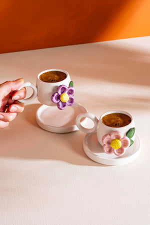 Colorful Daisy Amore Handmade Ceramic Double Turkish Coffee Cup Set