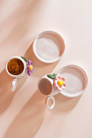 Colorful Daisy Amore Handmade Ceramic Double Turkish Coffee Cup Set