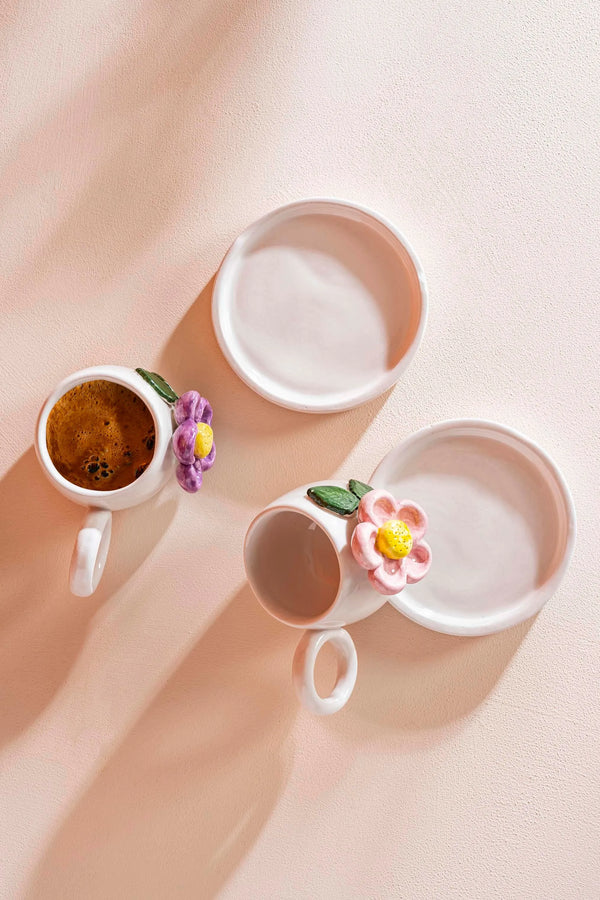 Colorful Daisy Amore Handmade Ceramic Double Turkish Coffee Cup Set