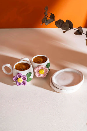 Colorful Daisy Amore Handmade Ceramic Double Turkish Coffee Cup Set