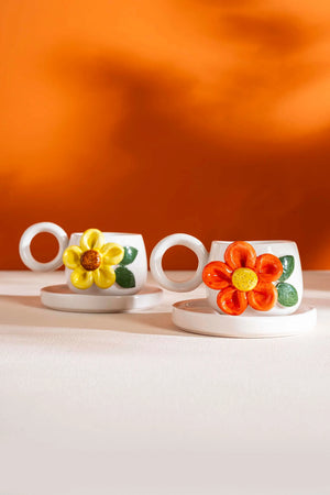 Colorful Daisy Amore Handmade Ceramic Double Turkish Coffee Cup Set