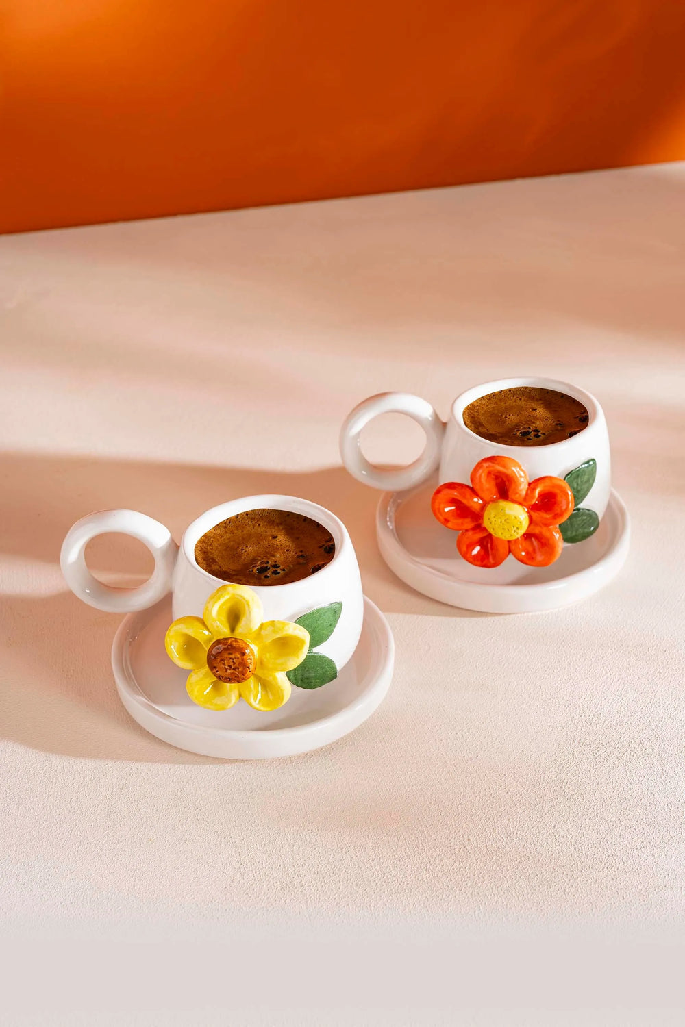 Colorful Daisy Amore Handmade Ceramic Double Turkish Coffee Cup Set