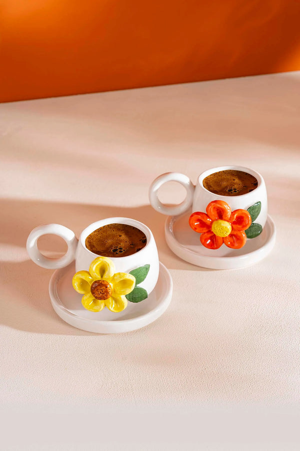 Colorful Daisy Amore Handmade Ceramic Double Turkish Coffee Cup Set