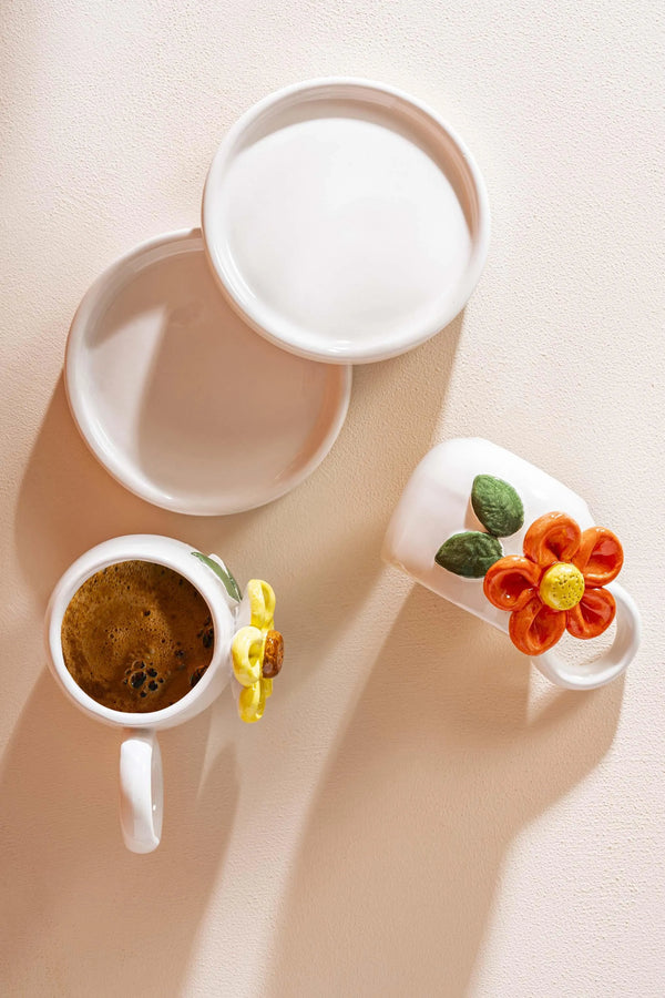 Colorful Daisy Amore Handmade Ceramic Double Turkish Coffee Cup Set