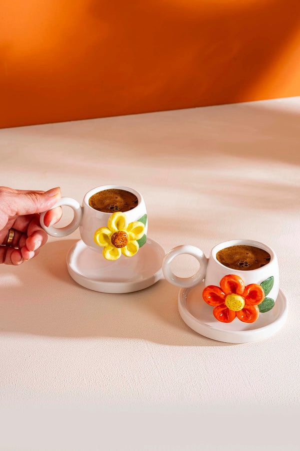 Colorful Daisy Amore Handmade Ceramic Double Turkish Coffee Cup Set