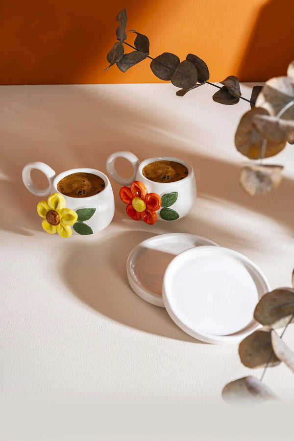 Colorful Daisy Amore Handmade Ceramic Double Turkish Coffee Cup Set