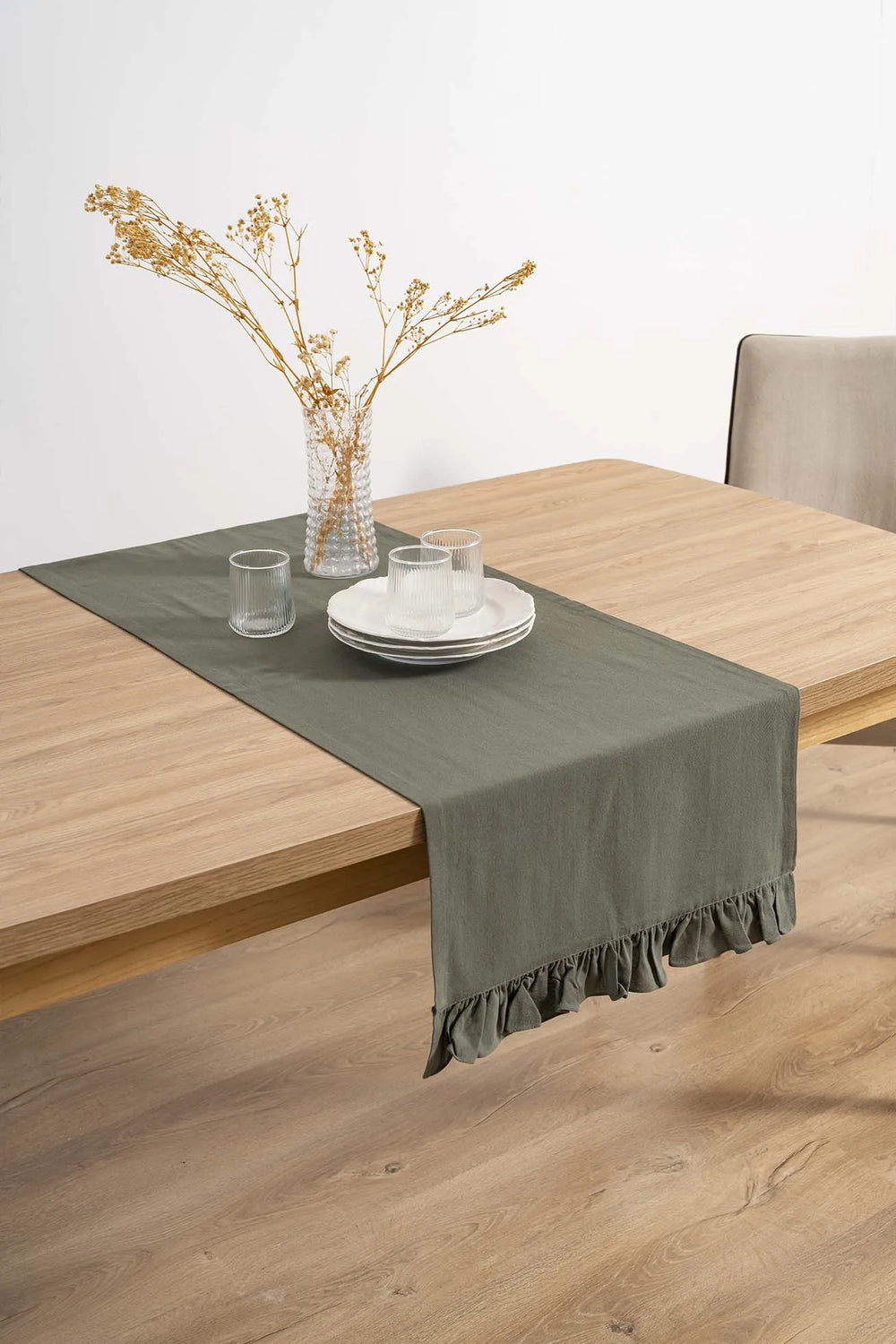 Ruffle Khaki Ruffled 100% Cotton Raw Linen Runner – 50x130 cm