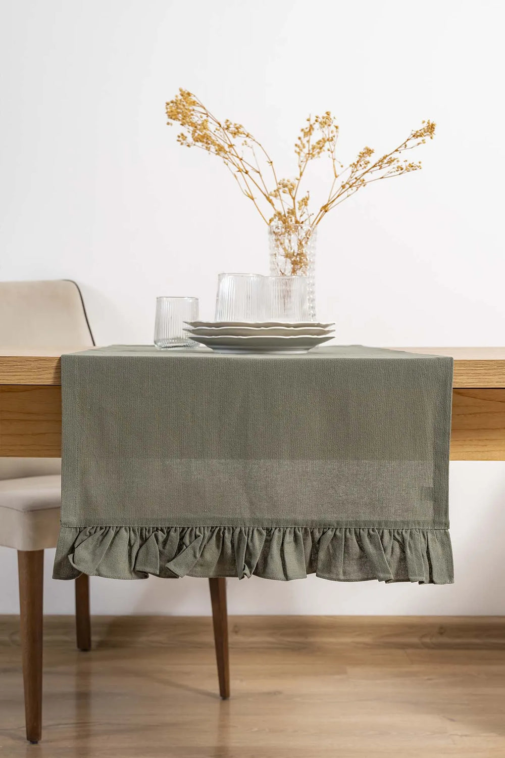 Ruffle Khaki Ruffled 100% Cotton Raw Linen Runner – 50x130 cm