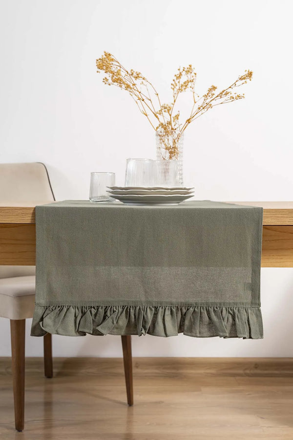 Ruffle Khaki Ruffled 100% Cotton Raw Linen Runner – 50x130 cm