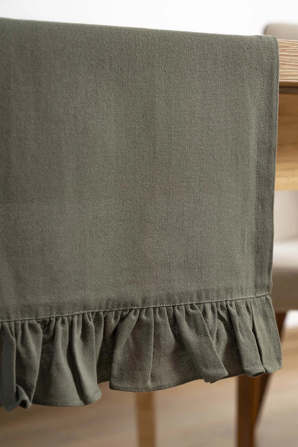 Ruffle Khaki Ruffled 100% Cotton Raw Linen Runner – 50x130 cm