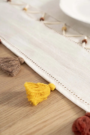 Ruffle Beaded & Fringed 100% Cotton Raw Linen Runner – 50x130 cm