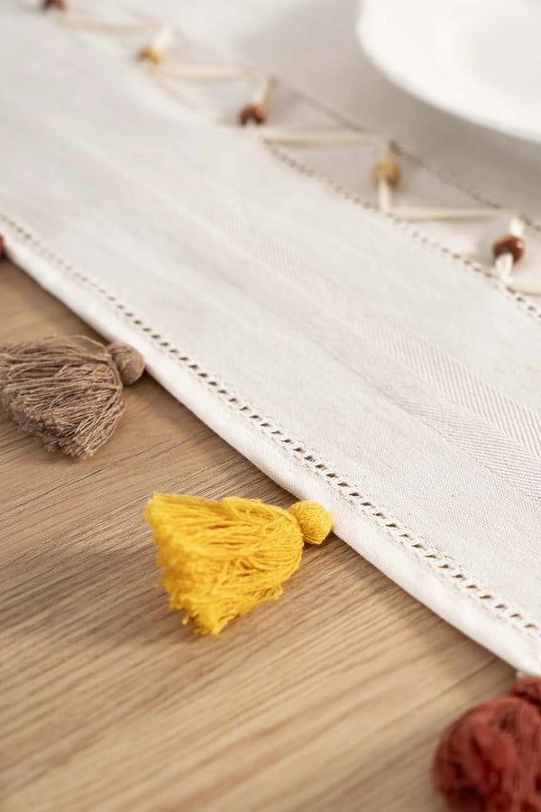 Ruffle Beaded & Fringed 100% Cotton Raw Linen Runner – 50x130 cm