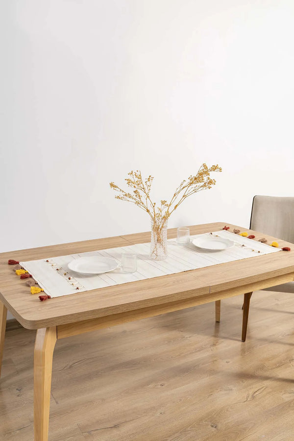 Ruffle Beaded & Fringed 100% Cotton Raw Linen Runner – 50x130 cm