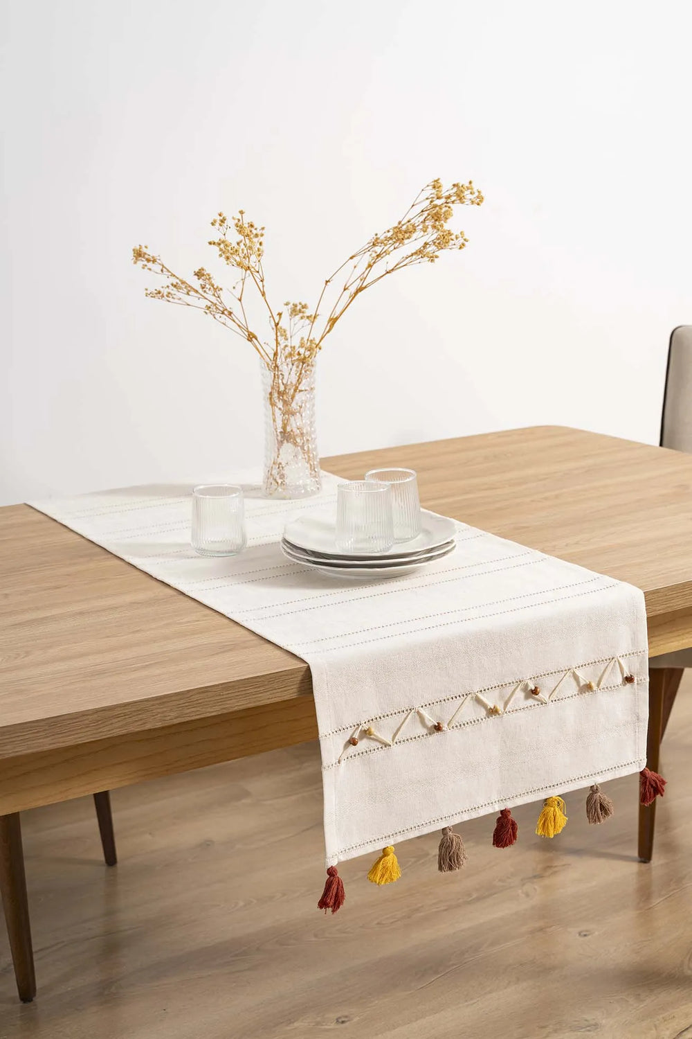 Ruffle Beaded & Fringed 100% Cotton Raw Linen Runner – 50x130 cm