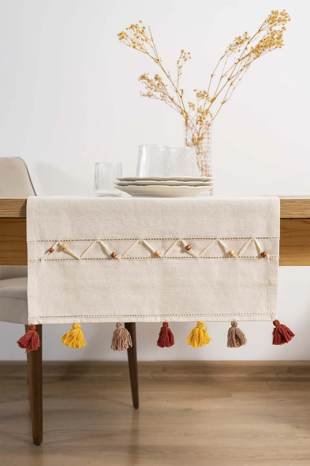 Ruffle Beaded & Fringed 100% Cotton Raw Linen Runner – 50x130 cm