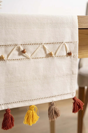 Ruffle Beaded & Fringed 100% Cotton Raw Linen Runner – 50x130 cm