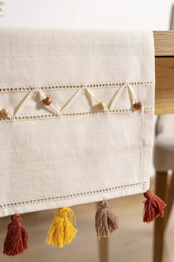 Ruffle Beaded & Fringed 100% Cotton Raw Linen Runner – 50x130 cm
