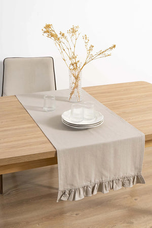 Ruffle Beige Ruffled 100% Cotton Raw Linen Runner – 50x130 cm