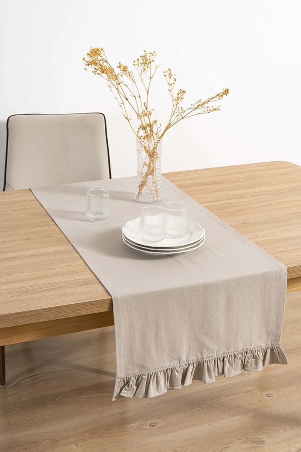 Ruffle Beige Ruffled 100% Cotton Raw Linen Runner – 50x130 cm