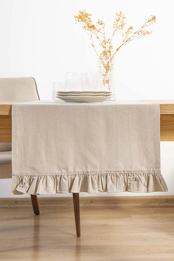 Ruffle Beige Ruffled 100% Cotton Raw Linen Runner – 50x130 cm