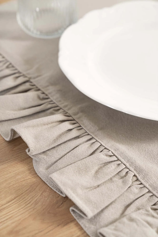 Ruffle Beige Ruffled 100% Cotton Raw Linen Runner – 50x130 cm
