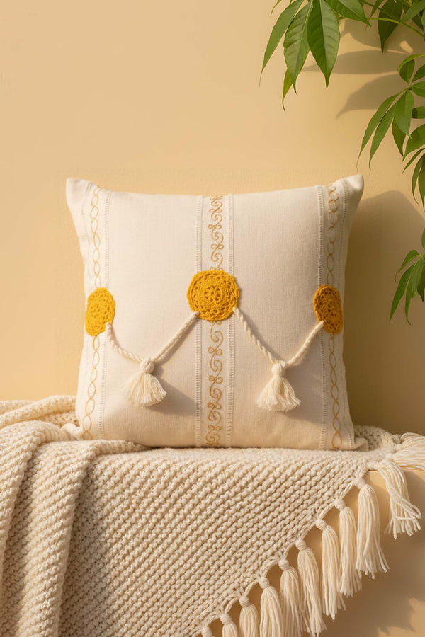 Yellow Motif Tassel Decorative Cushion Cover