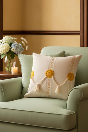 Yellow Motif Tassel Decorative Cushion Cover