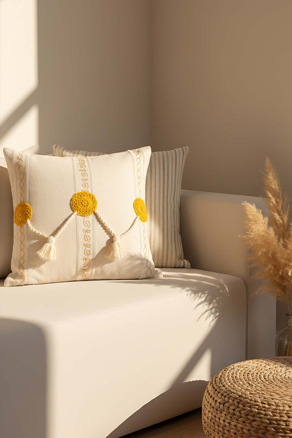Yellow Motif Tassel Decorative Cushion Cover