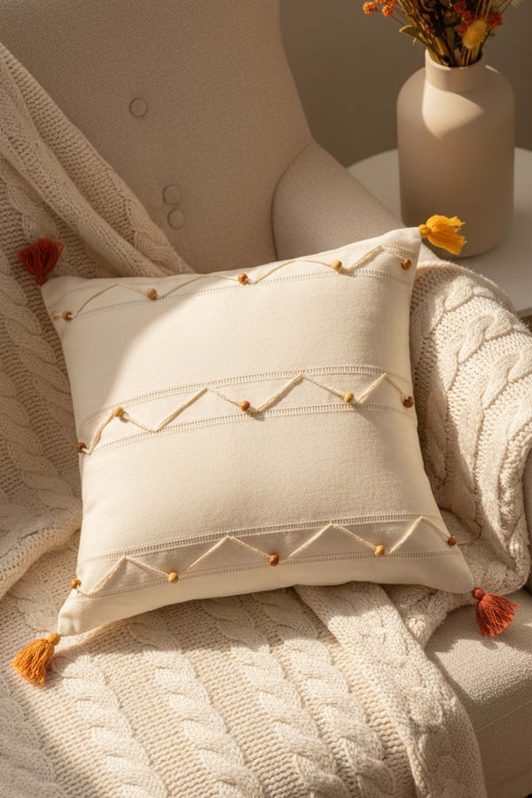 Zigzag Beaded Embroidered Tassel Decorative Cushion Cover