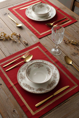 Red and Gold Framed Embroidered 2-Piece Placemat Set, 30x50 cm