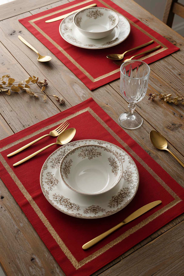 Red and Gold Framed Embroidered 2-Piece Placemat Set, 30x50 cm