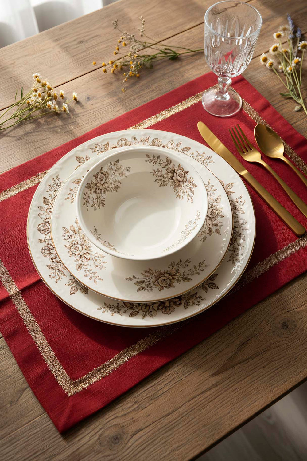 Red and Gold Framed Embroidered 2-Piece Placemat Set, 30x50 cm