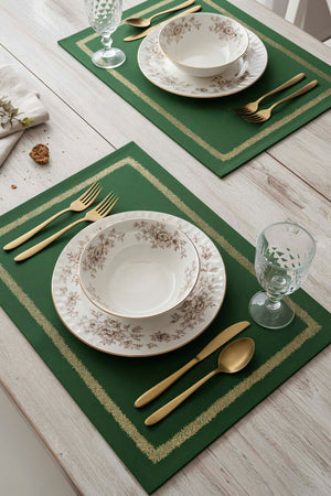 Green Gold Frame Embroidered 2-Piece Placemat Set, 30x50 cm