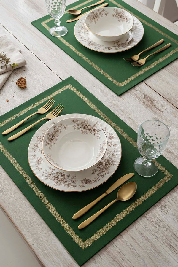 Green Gold Frame Embroidered 2-Piece Placemat Set, 30x50 cm