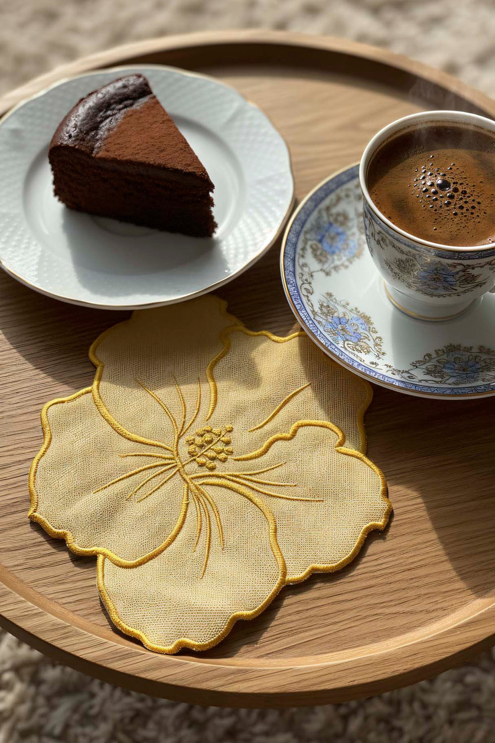Floral Pattern Embroidered Yellow Set of 4 Napkins, Cocktail Napkins, Coffee Side Napkins, Coasters, 14x14 cm