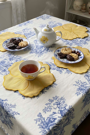 Floral Pattern Embroidered Yellow Set of 4 Napkins, Cocktail Napkins, Coffee Side Napkins, Coasters, 14x14 cm