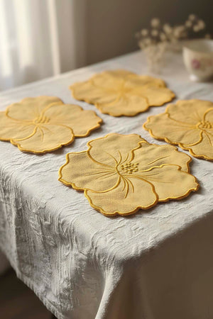 Floral Pattern Embroidered Yellow Set of 4 Napkins, Cocktail Napkins, Coffee Side Napkins, Coasters, 14x14 cm
