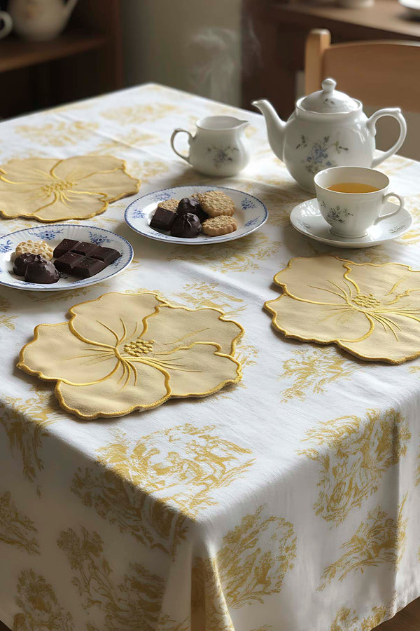 Floral Pattern Embroidered Yellow Set of 4 Napkins, Cocktail Napkins, Coffee Side Napkins, Coasters, 14x14 cm