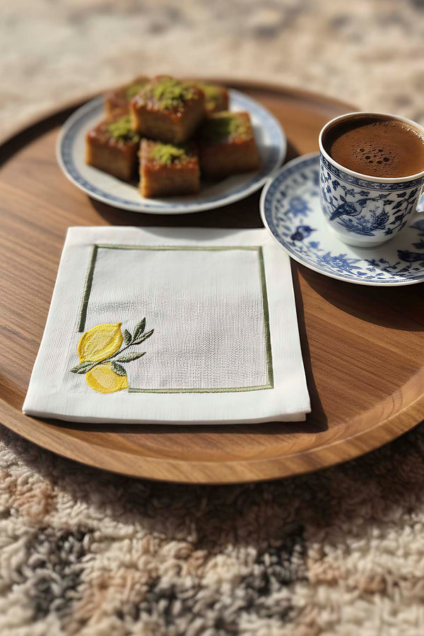 Lemon Embroidered Set of 4 Napkins, Cocktail Napkins, Coffee Side Napkins, Coasters, 14x14 cm