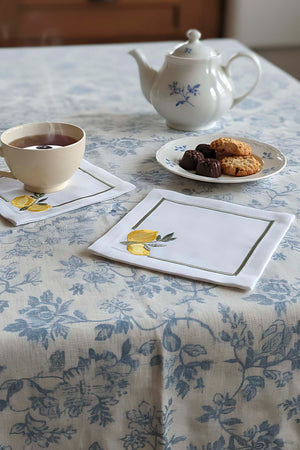 Lemon Embroidered Set of 4 Napkins, Cocktail Napkins, Coffee Side Napkins, Coasters, 14x14 cm