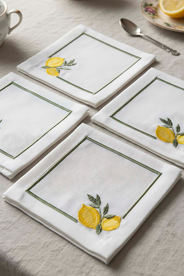Lemon Embroidered Set of 4 Napkins, Cocktail Napkins, Coffee Side Napkins, Coasters, 14x14 cm