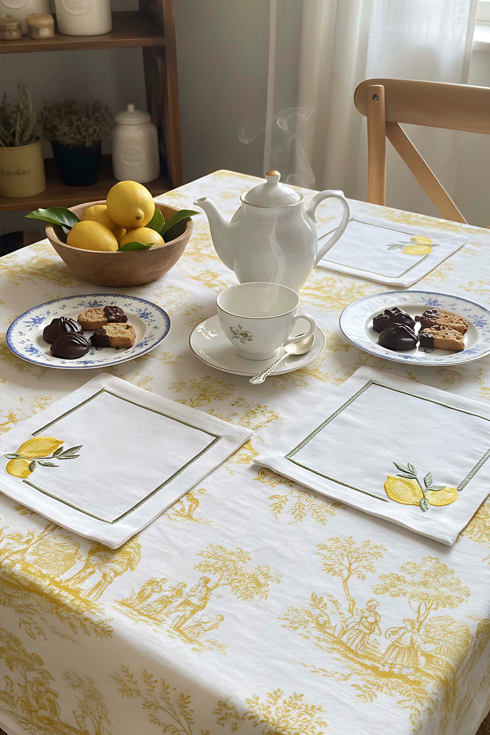 Lemon Embroidered Set of 4 Napkins, Cocktail Napkins, Coffee Side Napkins, Coasters, 14x14 cm