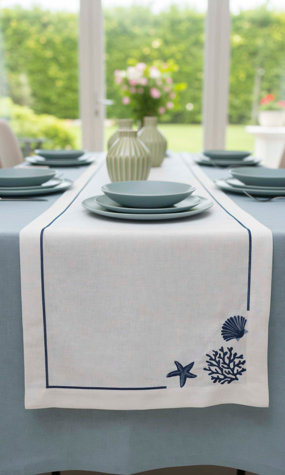 Marine Patterned White Background Embroidered Runner, 45x145 cm