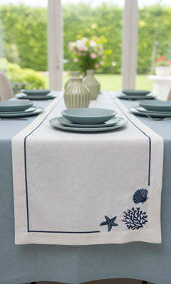 Marine Patterned White Background Embroidered Runner, 45x145 cm